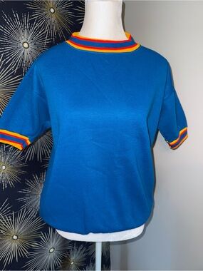 Vintage 60s Penneys Towncraft Short Sleeve Ringer Sweatshirt Rainbow Stripe